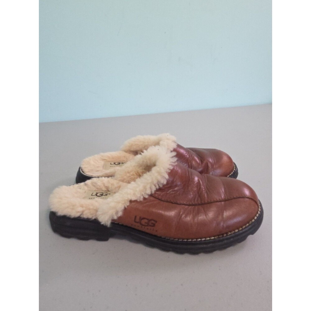 Ugg Brown Leather Mules Loafers Shoes Slip On Size 7 Sheepskin